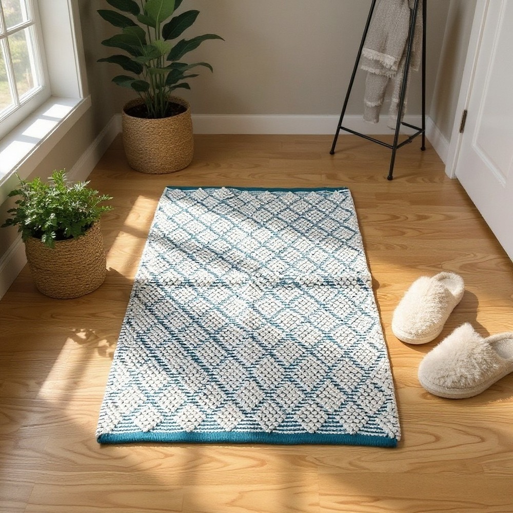 Handwoven Cotton Rug Unisex 27x45 Teal White NWOT Popcorn Texture Diamond